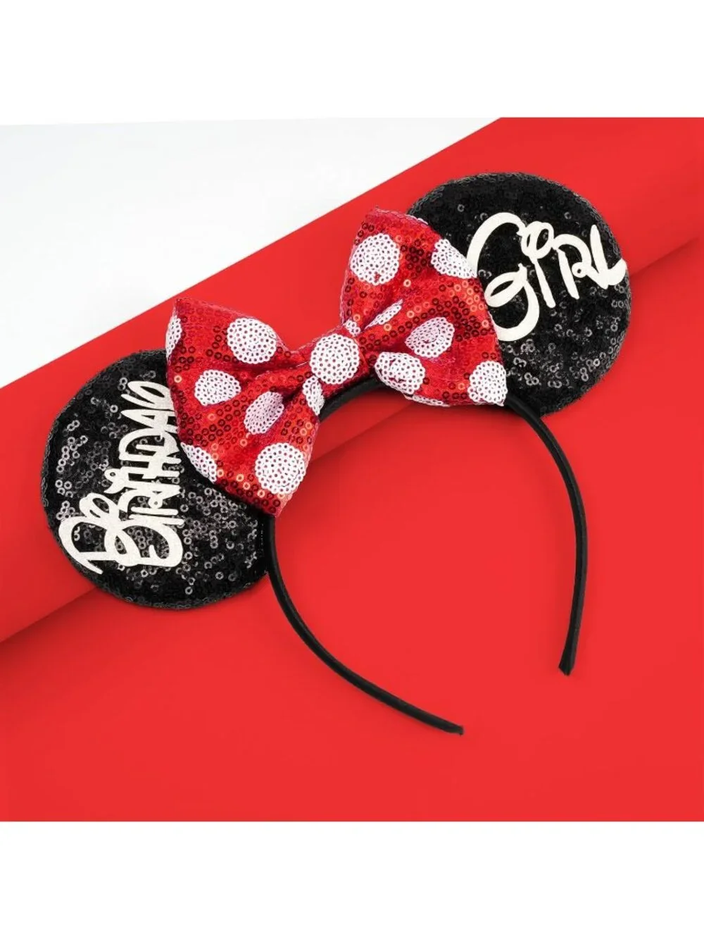Women Red&black Polyester Sparkle Sequin Mickey Mouse Hair Bow Handmade Headband